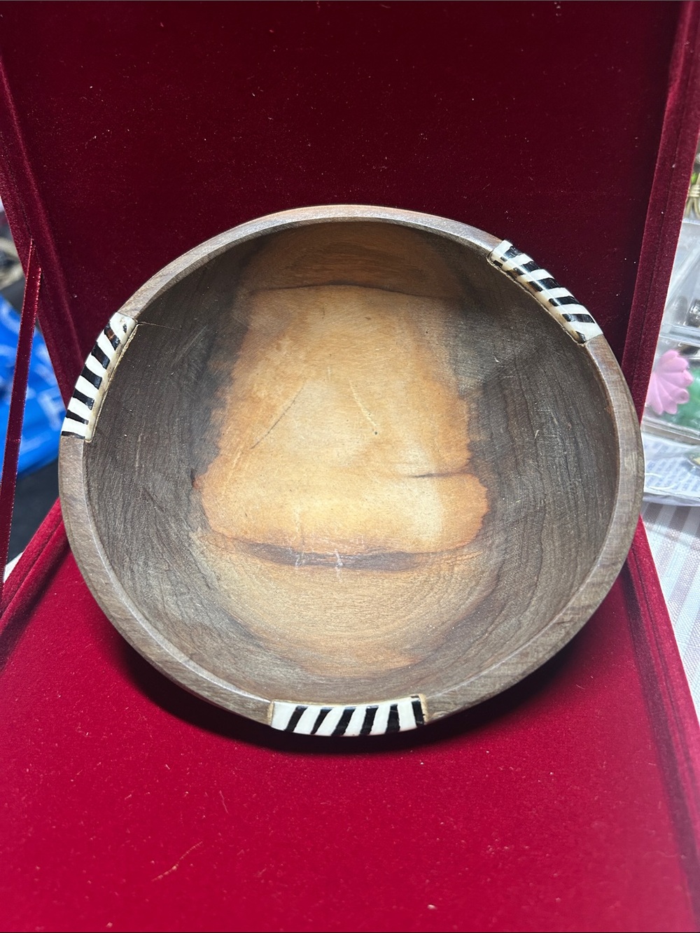 Bone and wooden bowl from Kenya featuring decorative bat
